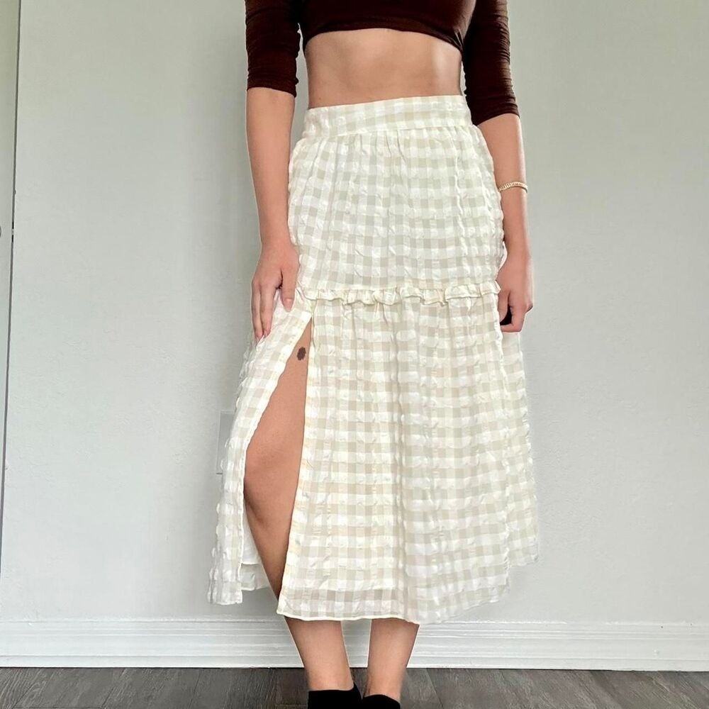 Cream and white gingham midi skirt